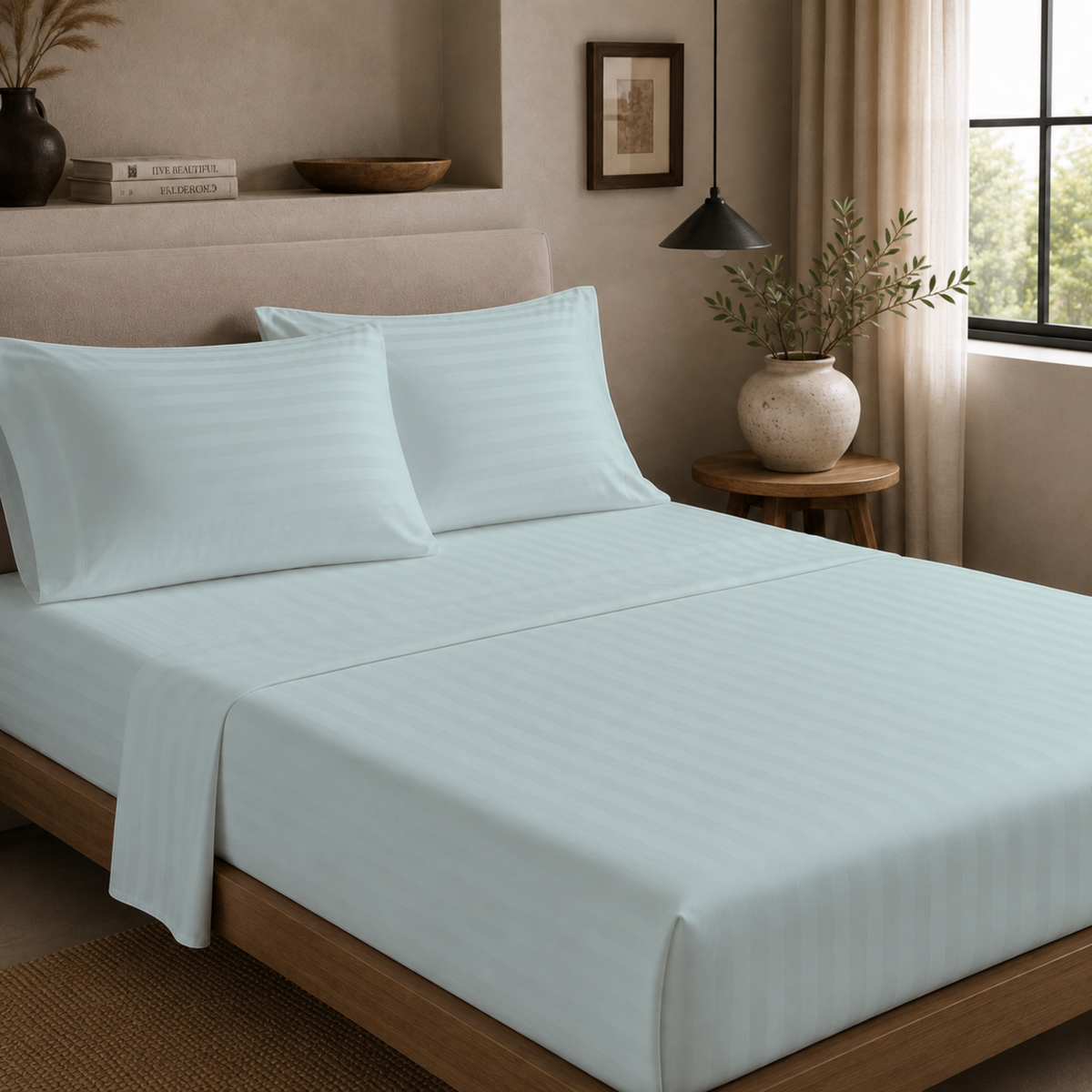 Luxury Dobby Stripe Sheet Set – 4 Piece Cotton-Blend Bedding with 18-Inch Deep Pockets