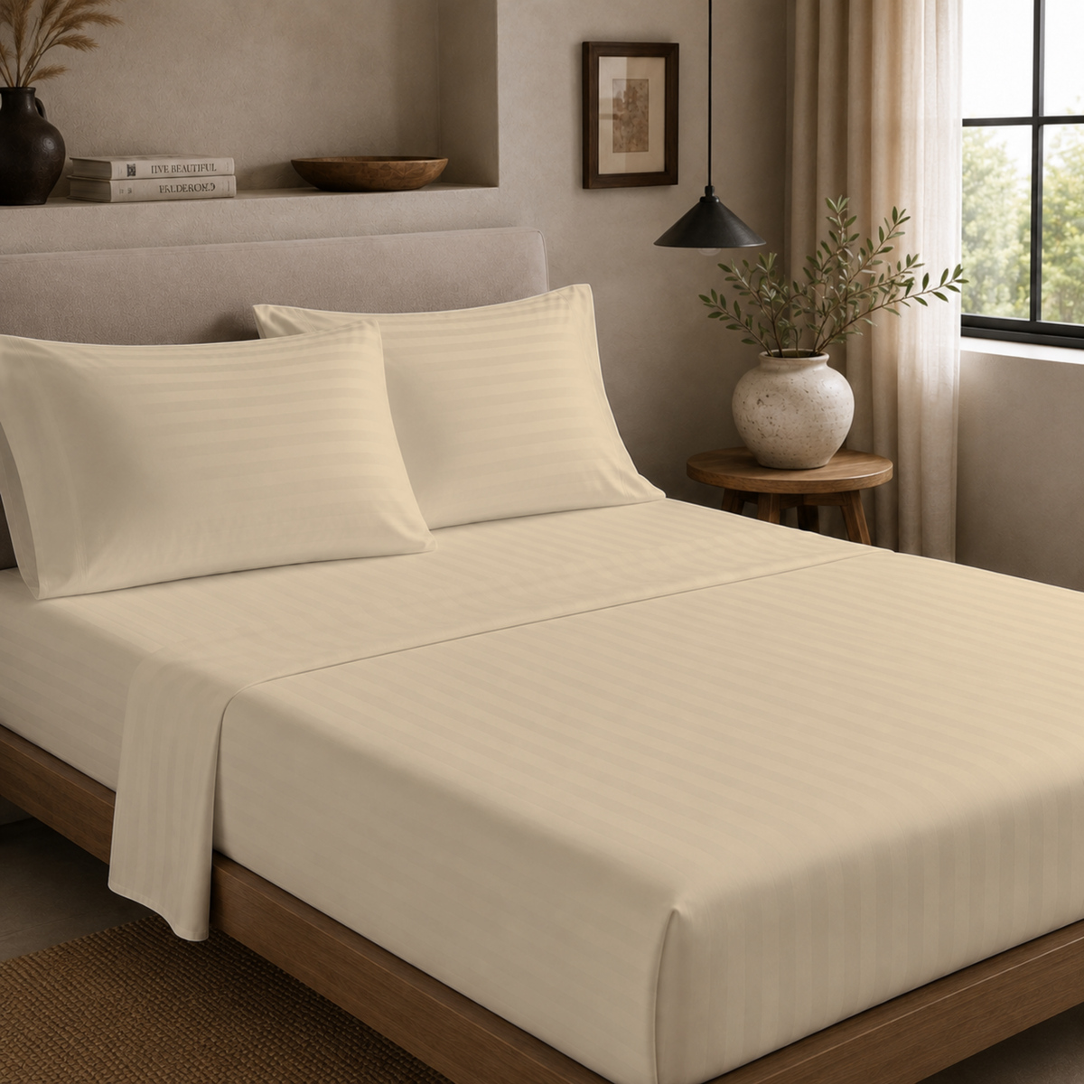 Luxury Dobby Stripe Sheet Set – 4 Piece Cotton-Blend Bedding with 18-Inch Deep Pockets