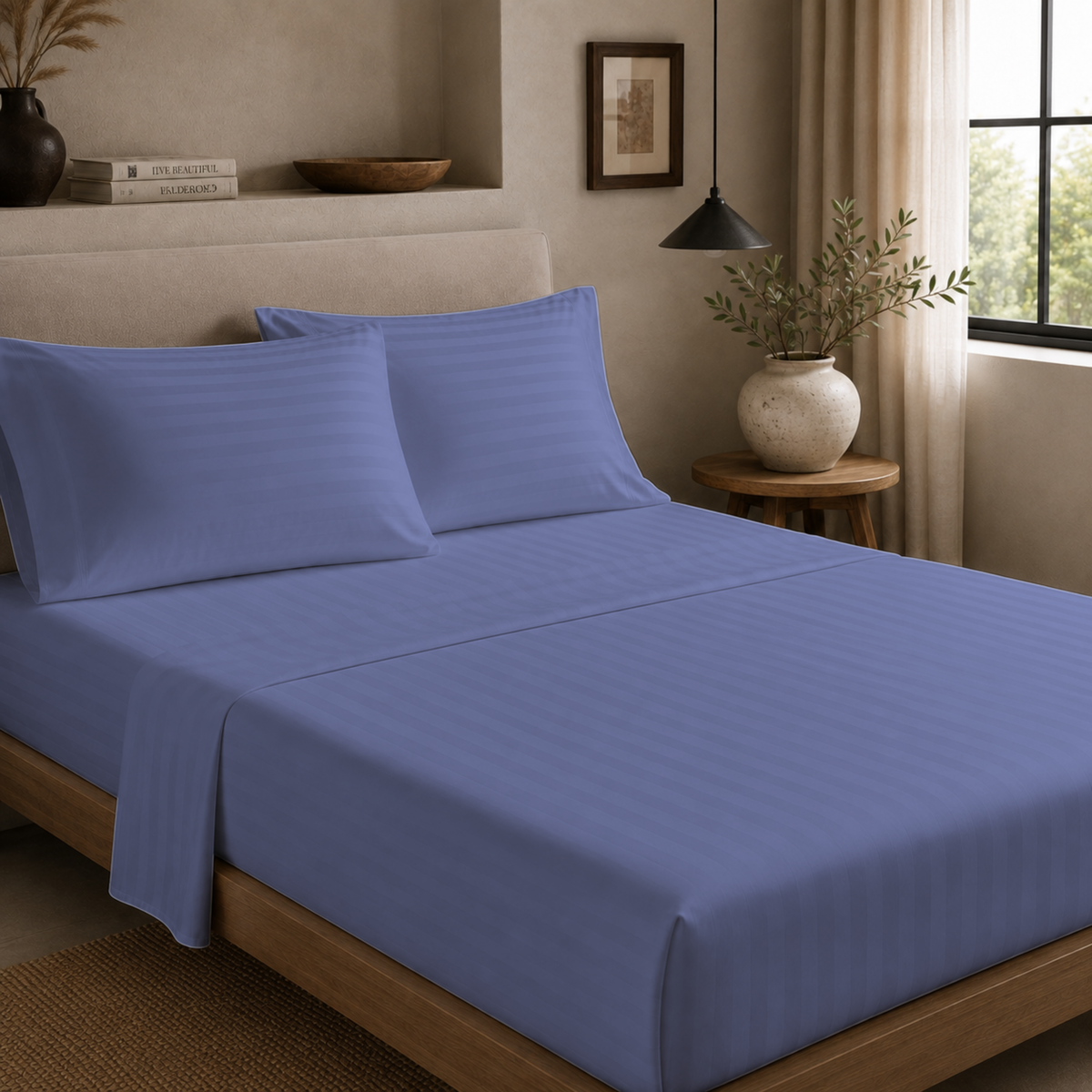 Luxury Dobby Stripe Sheet Set – 4 Piece Cotton-Blend Bedding with 18-Inch Deep Pockets