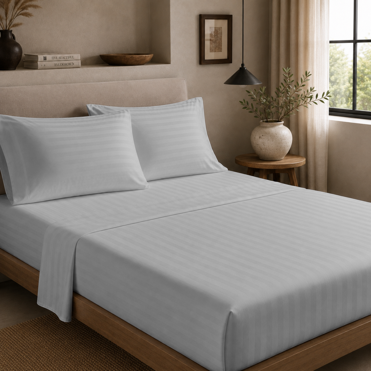 Luxury Dobby Stripe Sheet Set – 4 Piece Cotton-Blend Bedding with 18-Inch Deep Pockets