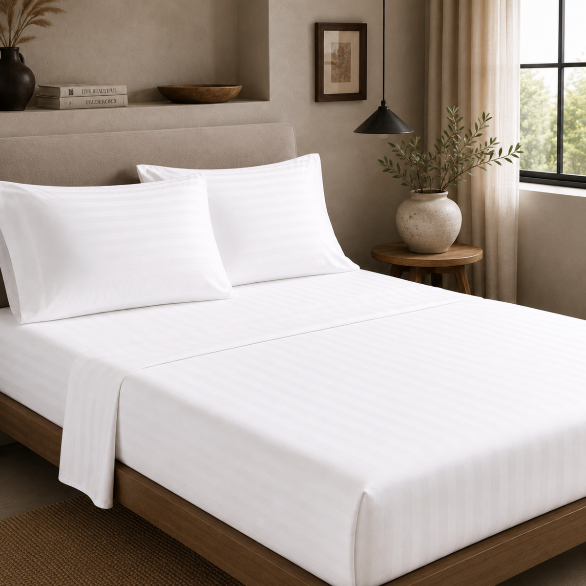 Luxury Dobby Stripe Sheet Set – 4 Piece Cotton-Blend Bedding with 18-Inch Deep Pockets